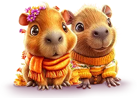 Two young capybaras in cozy orange scarves and flower crowns