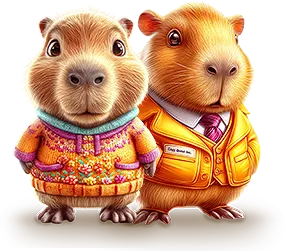 Two smartly dressed capybara parents, one in a knitted sweater and one in an orange suit